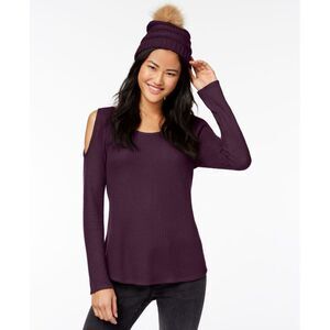 Self E Juniors Waffle Knit Cold Shoulder Top Faux Fur Trimmed Beanie